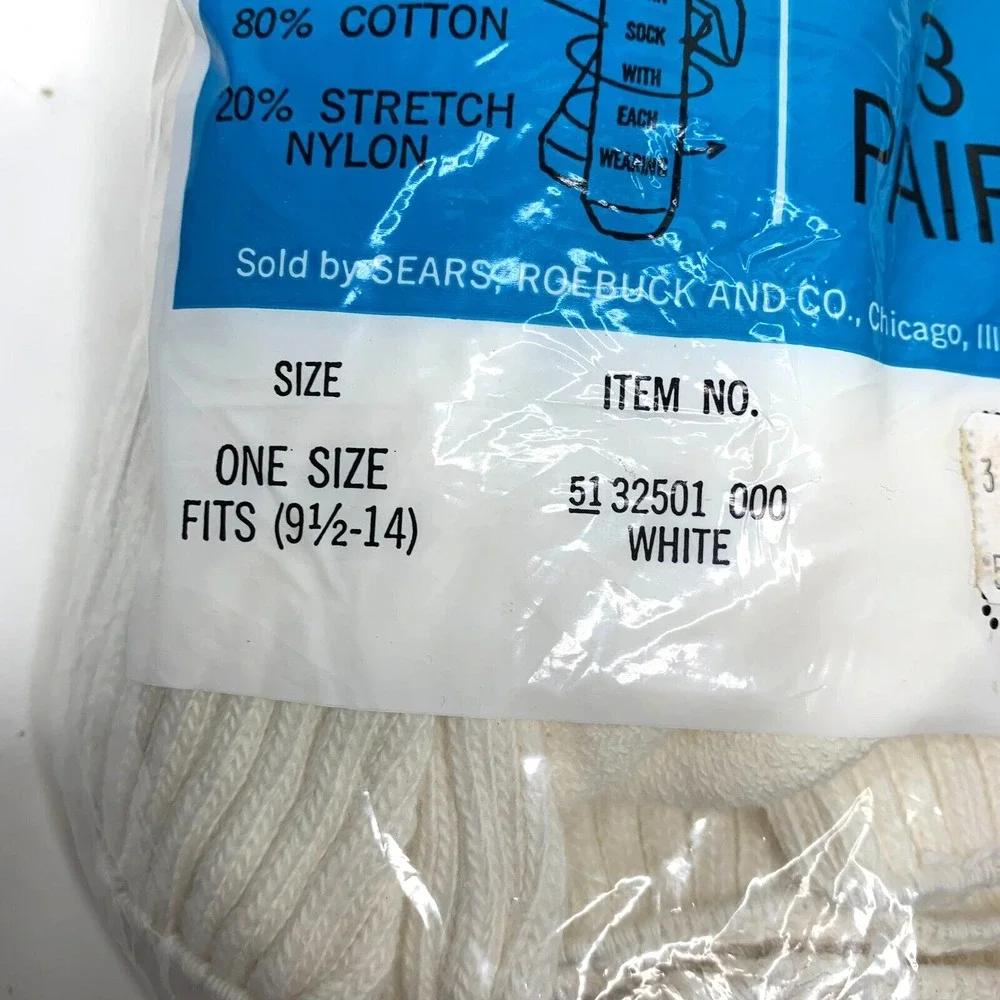 Vintage Sears Mid-Length Cushion Lined Tube Socks 3 Pack White 9.5 -14‎